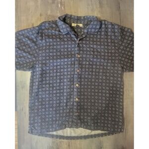 Tommy Bahama Mens Large 100% Silk Relax Wood Buttons Geometric Print Blue Shirt